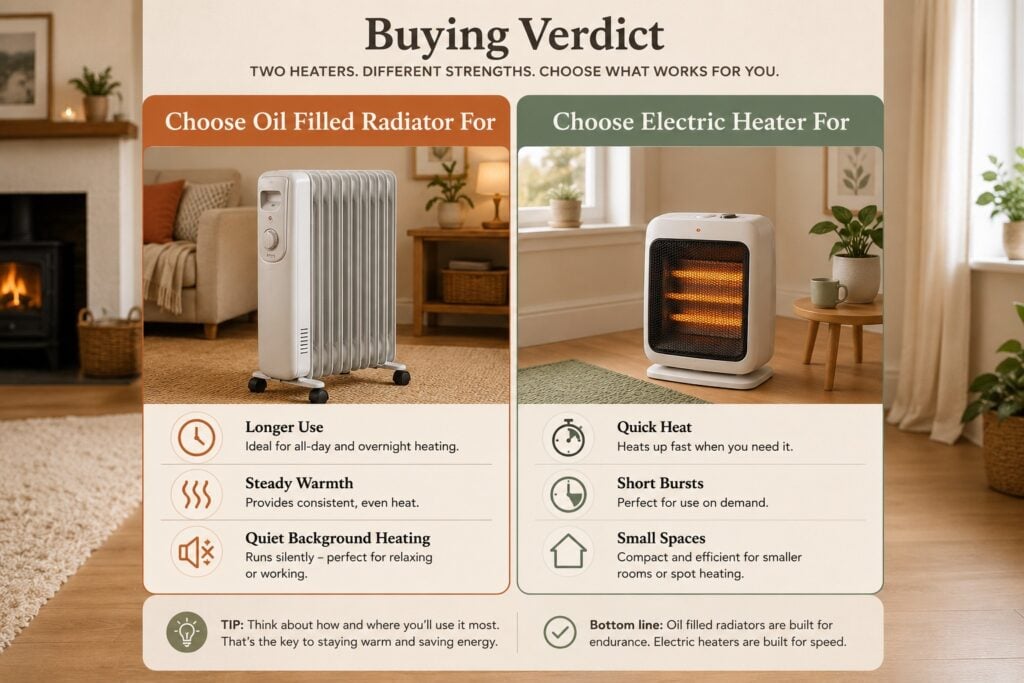 Quick buying verdict comparing oil filled radiators and electric heaters for longer warmth, fast heat and room type.