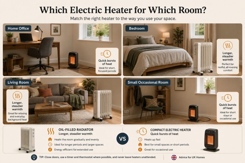 Room-by-room comparison showing oil filled radiators and electric heaters for UK home offices, bedrooms, living rooms and small rooms.
