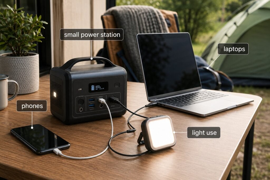 Small portable power station charging a phone, laptop and LED light for light camping or everyday backup use.