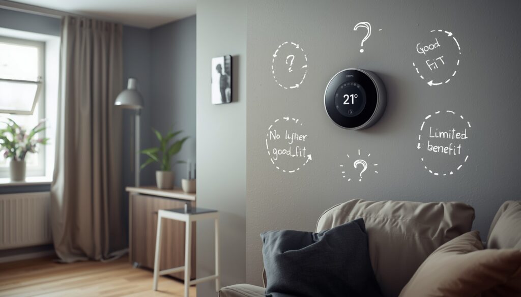 Smart thermostat decision guide showing when it may offer limited savings in a UK home.