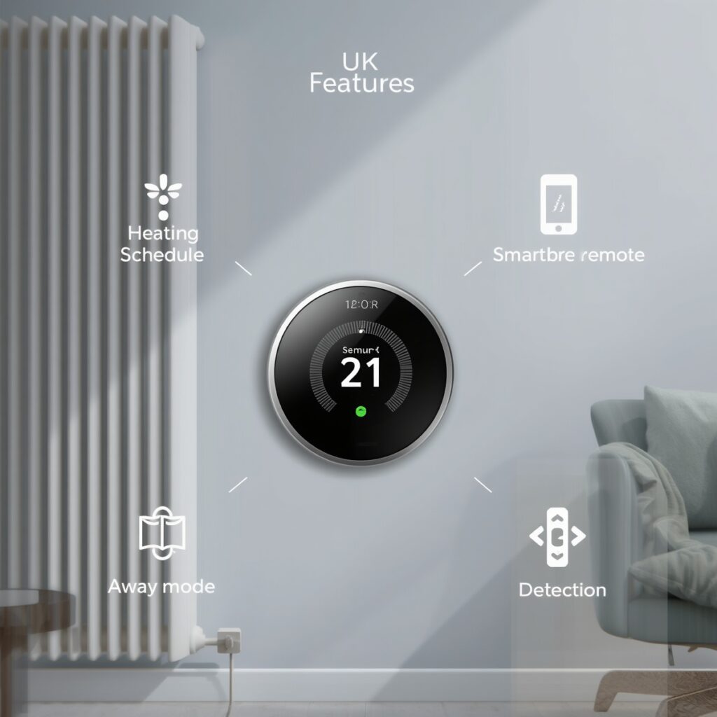 Smart thermostat energy-saving features including schedules, remote control and away mode.