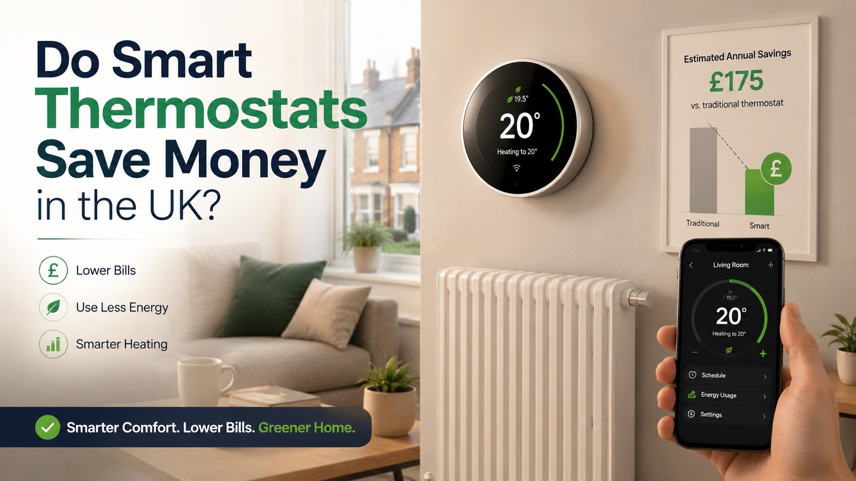 Smart thermostat in a UK living room showing home heating controls and potential energy savings