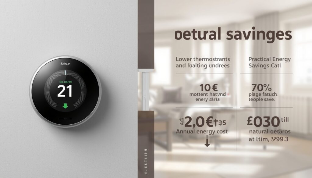 Smart thermostat savings illustration showing lower heating settings, schedules and reduced energy use in a UK home.