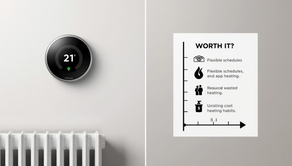 Smart thermostat value comparison showing benefits, costs and heating control in a UK home.