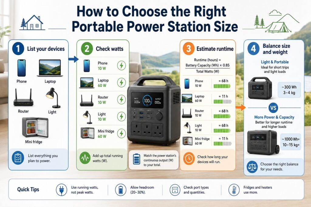 Step-by-step portable power station size guide showing devices, wattage, runtime and portability.
