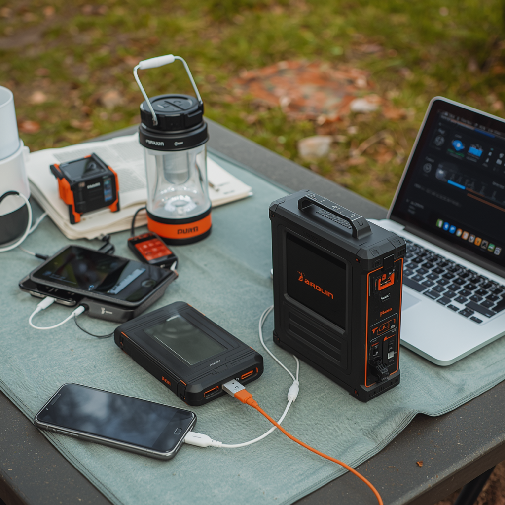 different sizes of portable power stations used for camping with devices connected outdoors