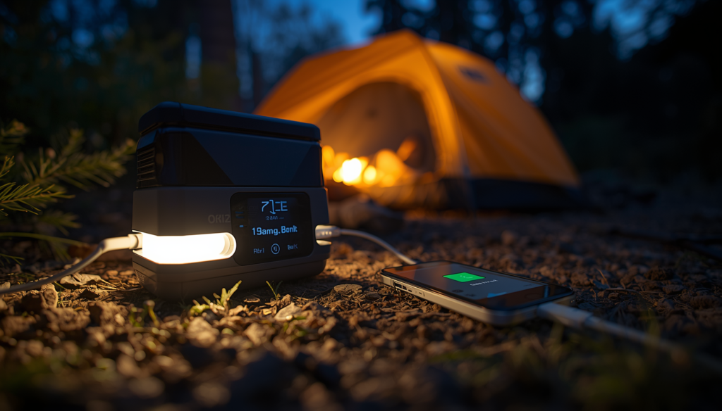 portable power station battery level powering lights and devices during camping at night