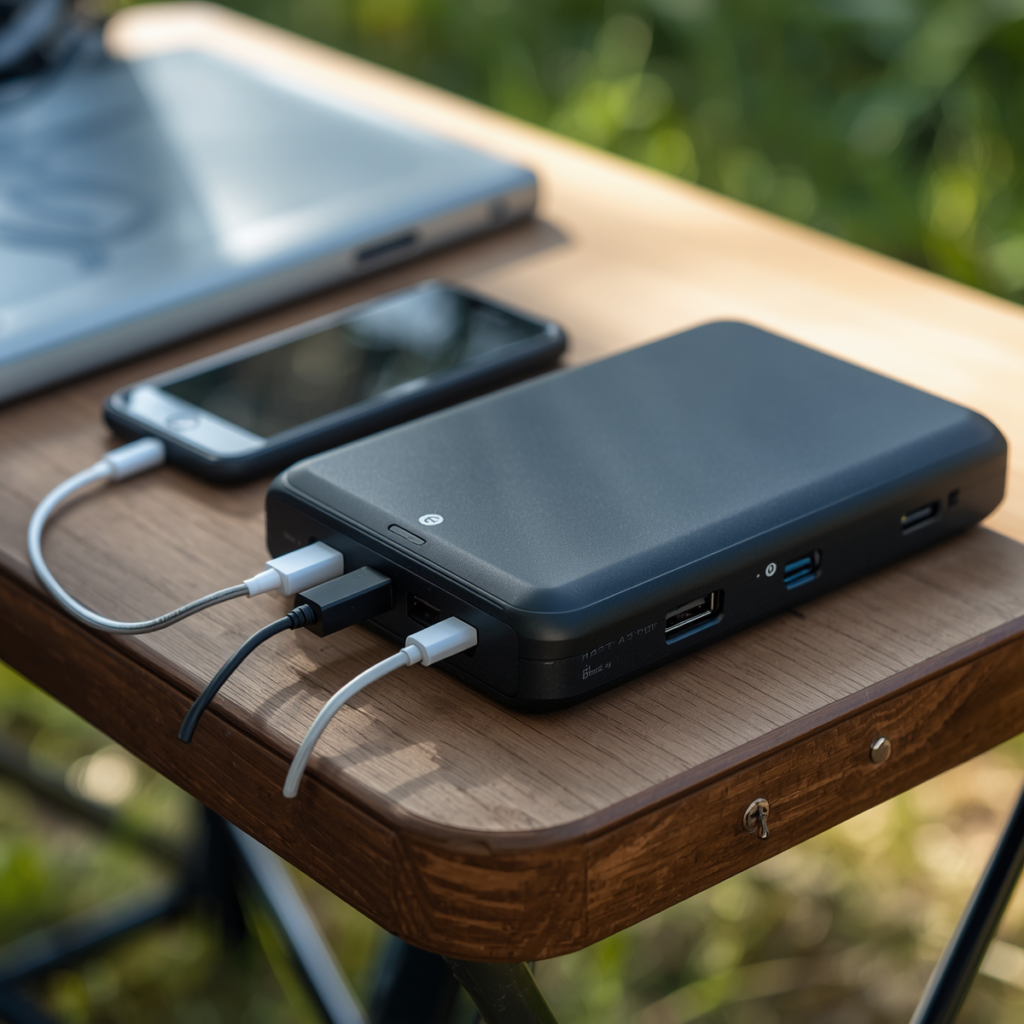 portable power station ports and display showing features used for camping devices