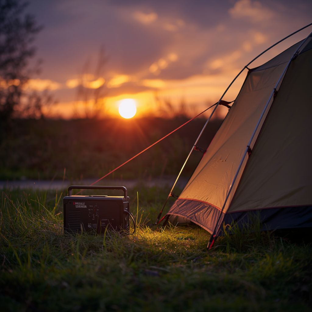 portable power station powering lights at campsite during sunset in the UK