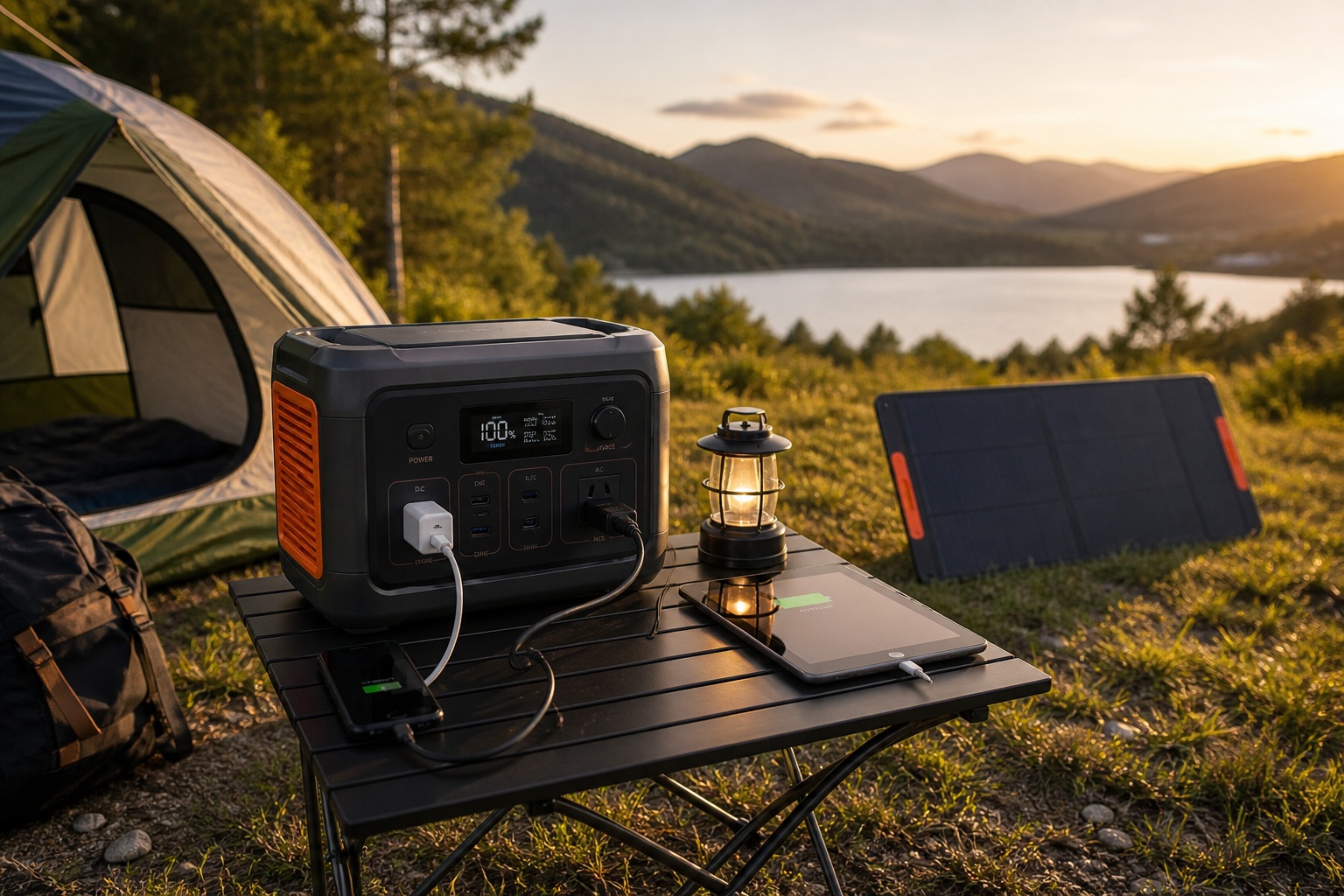 portable power station used for camping in the UK powering devices outdoors near a tent