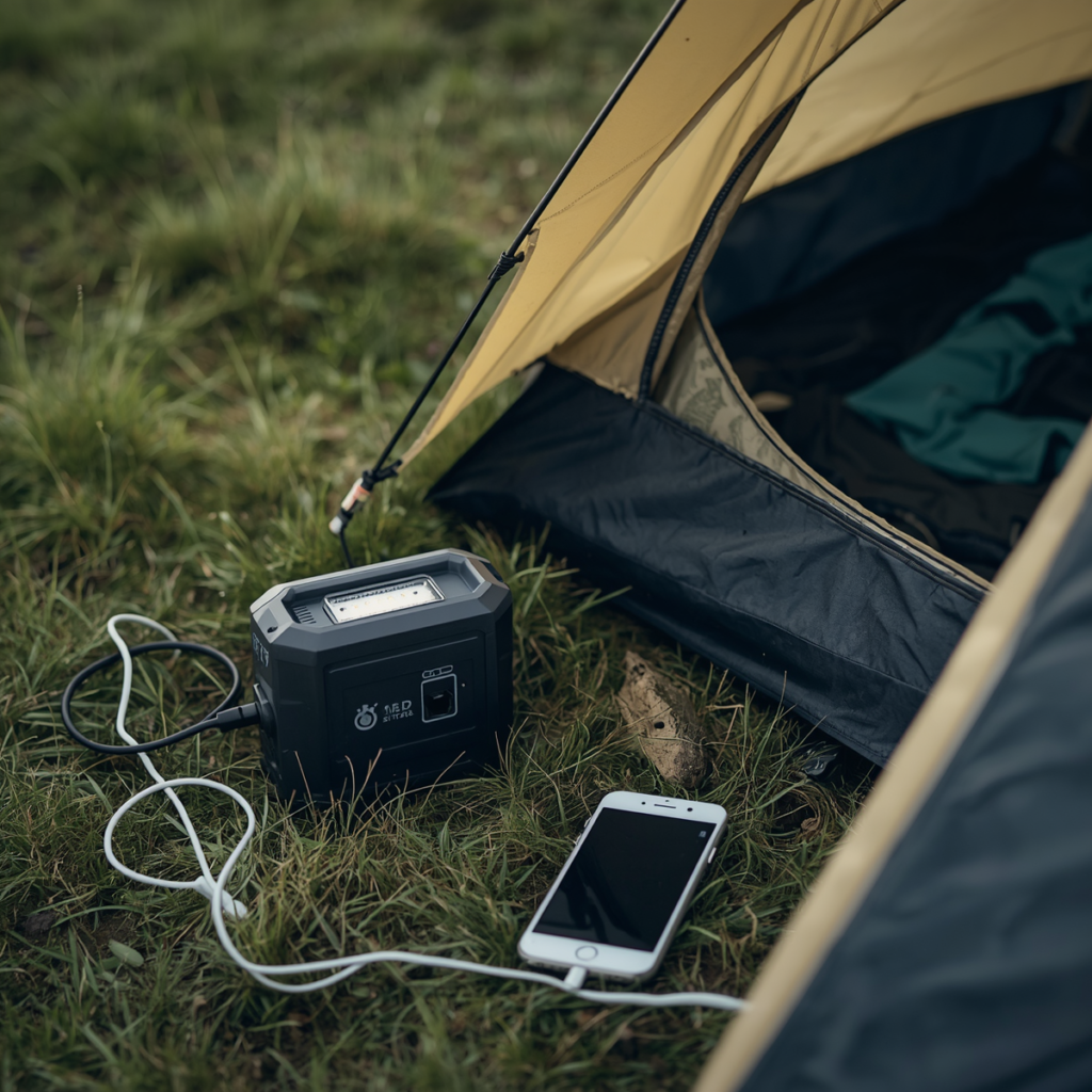portable power station used while camping in the UK powering small devices near a tent