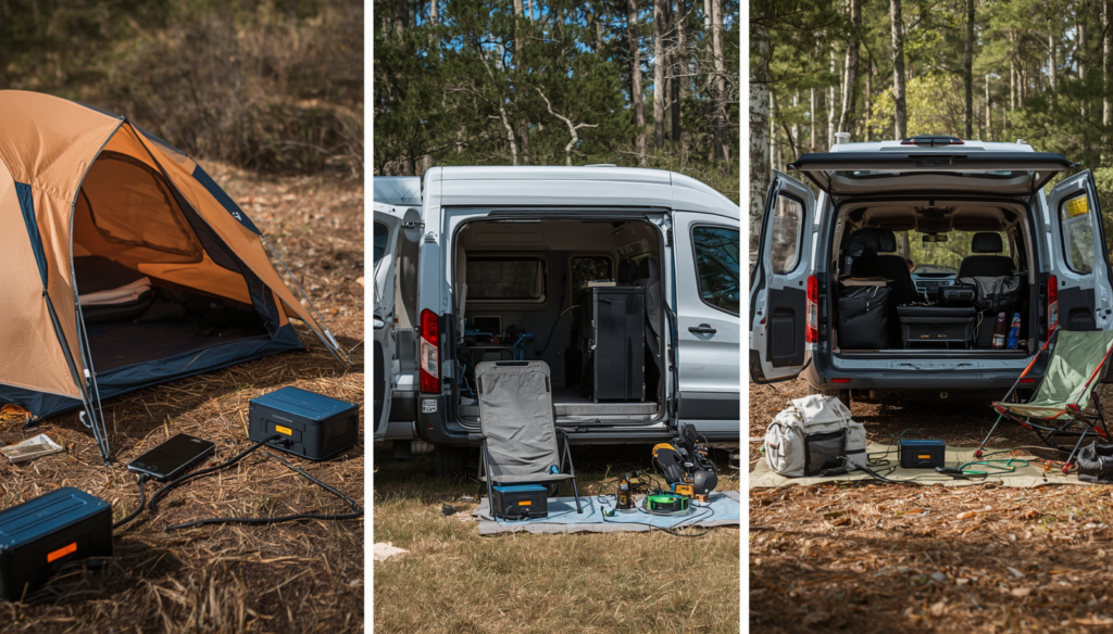 portable power stations used in different camping setups including tent and campervan in the UK