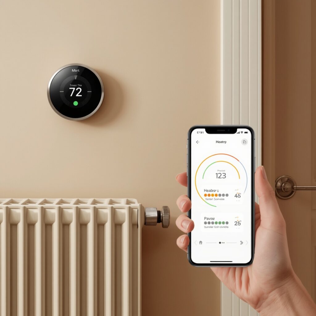 smart thermostat controlling home heating schedule in a modern UK living room.