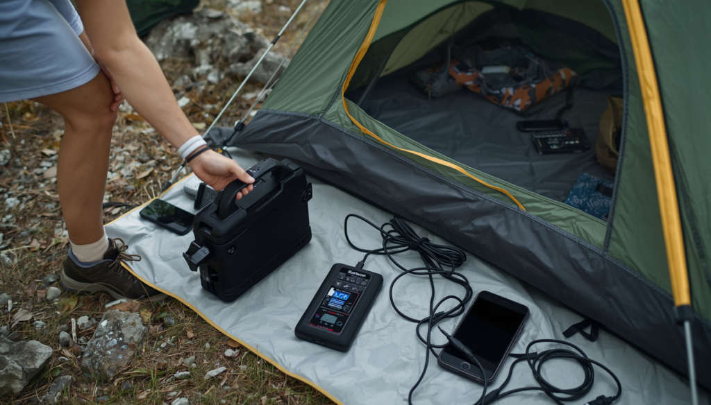 using portable power station safely while camping with organised cables and devices