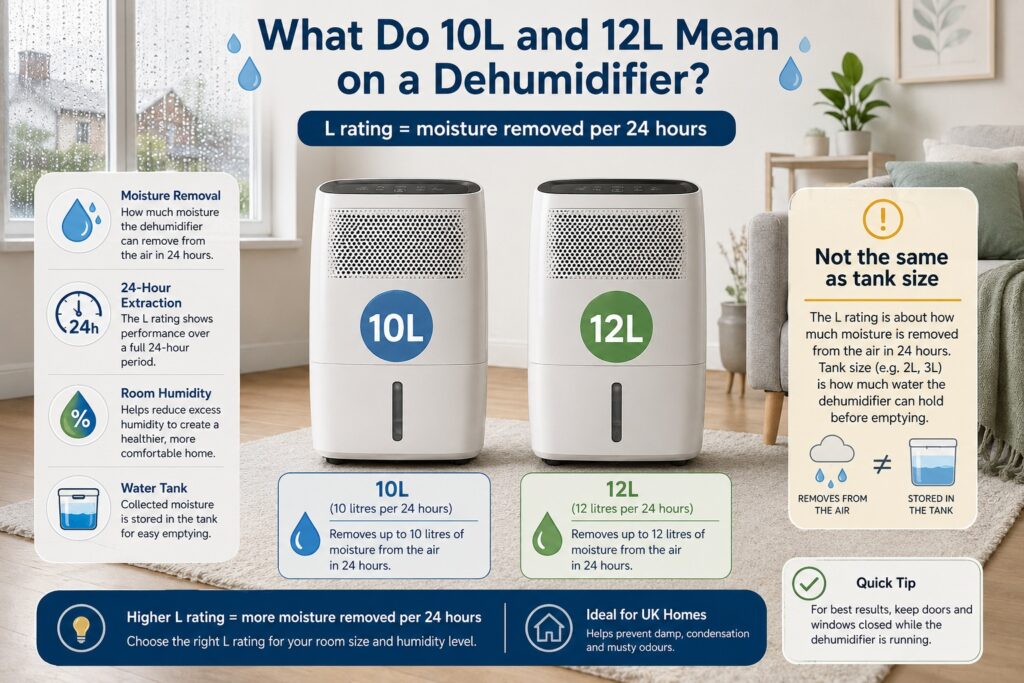 10L and 12L dehumidifier capacity explained with moisture removal, room humidity and daily extraction guidance.