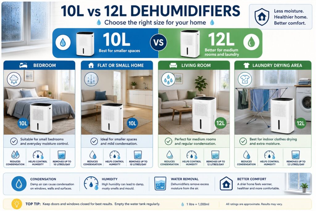 10L and 12L dehumidifier room size guide for UK bedrooms, flats, living rooms and laundry drying areas.