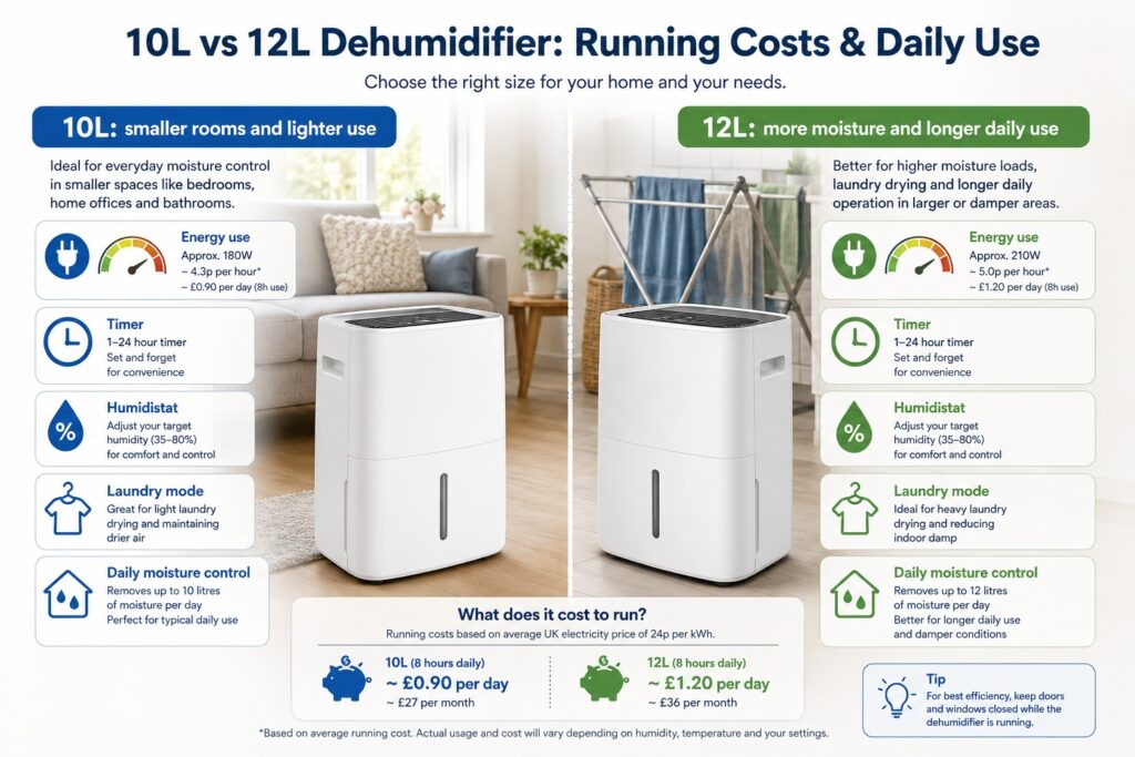 10L and 12L dehumidifier running cost comparison showing energy use