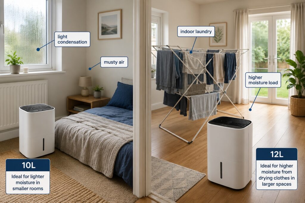 10L and 12L dehumidifiers compared for UK window condensation, mild damp and indoor laundry drying.