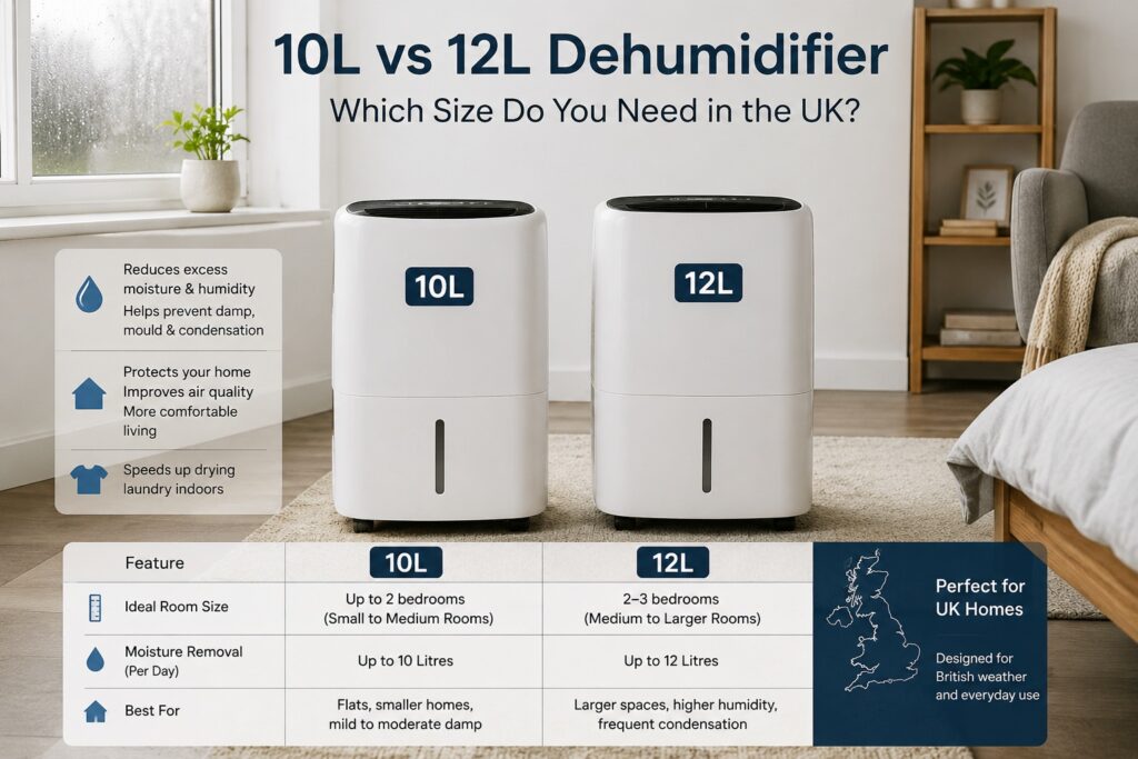 10L and 12L dehumidifiers compared in a UK bedroom with condensation, room size and moisture control guidance