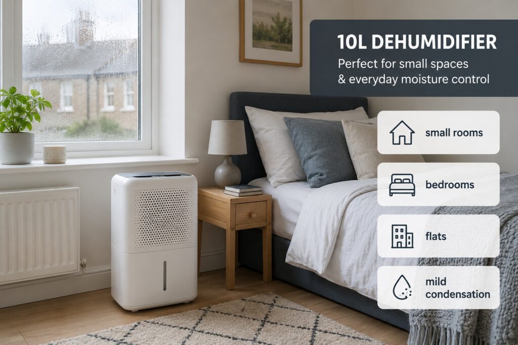 10L dehumidifier in a small UK bedroom showing light condensation control for flats and smaller rooms.