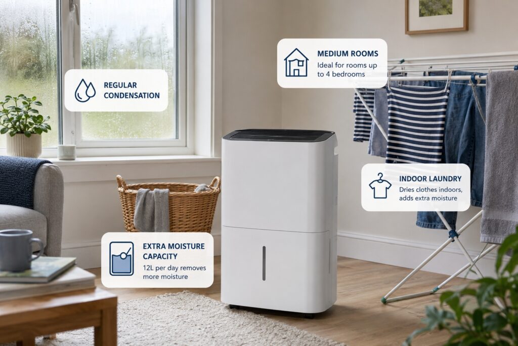 12L dehumidifier in a medium UK room showing regular condensation control, indoor laundry support and extra moisture capacity.