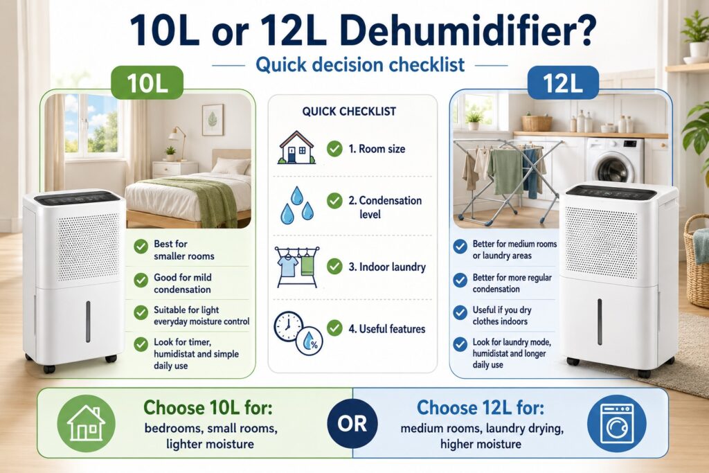 Checklist for choosing between a 10L and 12L dehumidifier based on room size, condensation, laundry and features.