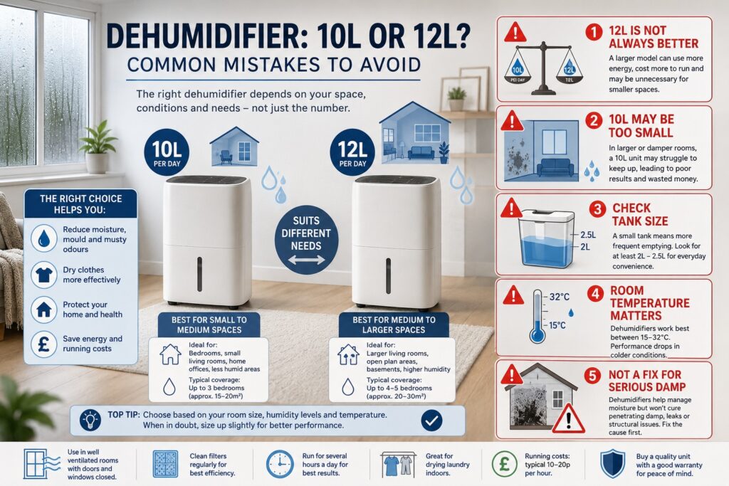 Common mistakes when choosing between 10L and 12L dehumidifiers for UK condensation, damp and daily use.