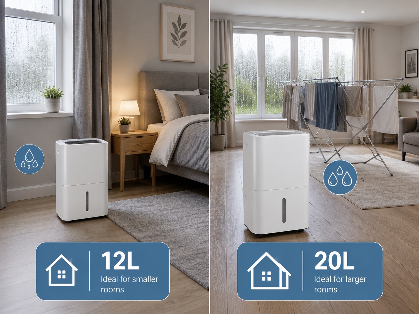 12L and 20L dehumidifiers compared in a UK home showing room size, condensation, indoor laundry and moisture control