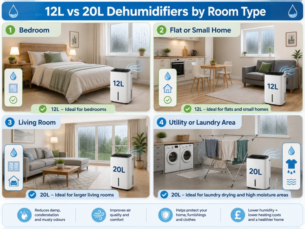 12L and 20L dehumidifier room size guide for UK bedrooms, flats, living rooms and laundry areas