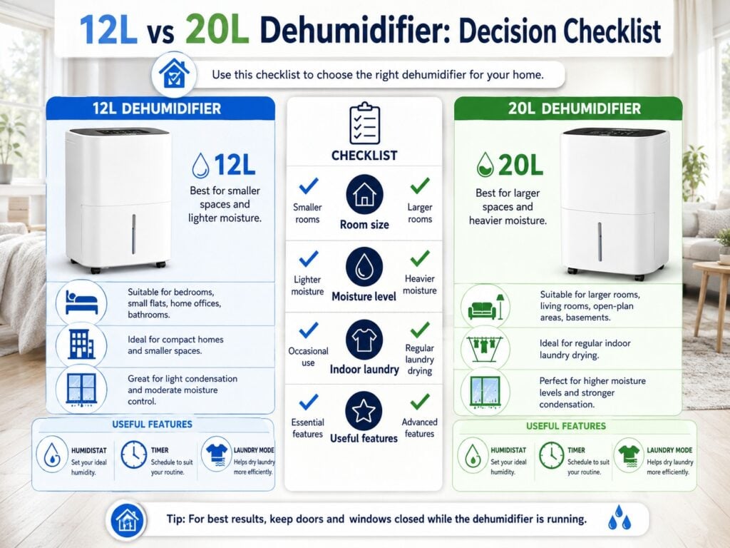 Checklist for choosing between a 12L and 20L dehumidifier based on room size, condensation, laundry and features