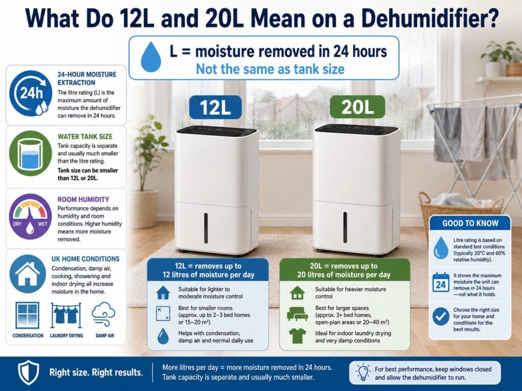 12L and 20L dehumidifier capacity explained with daily moisture extraction, tank size and UK room humidity guidance
