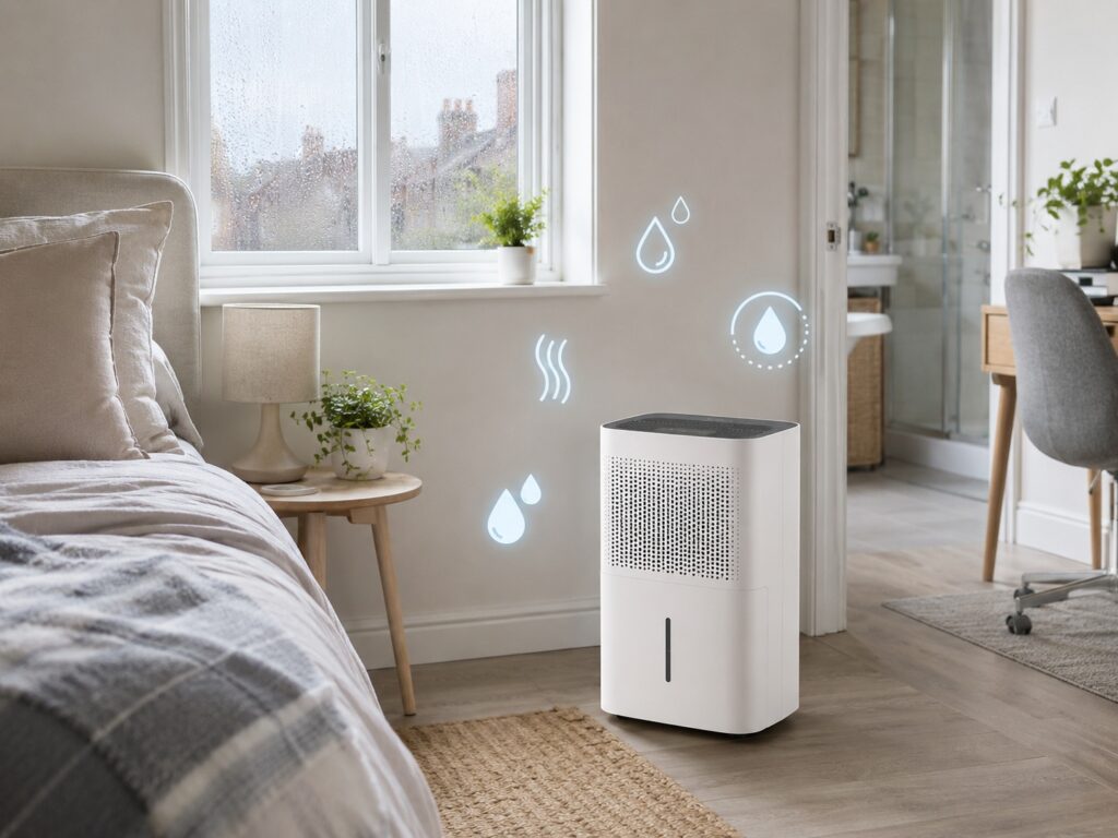 12L dehumidifier in a UK bedroom showing moderate condensation control for smaller rooms and flats