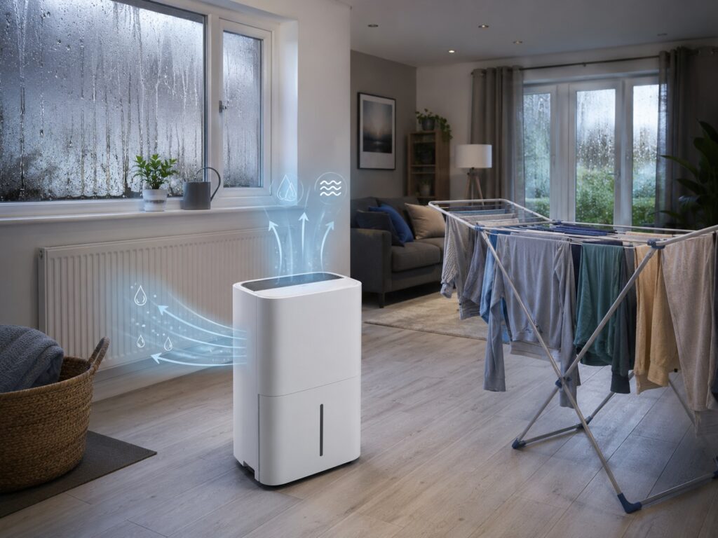 20L dehumidifier in a larger UK room with indoor laundry, condensation and higher moisture control needs