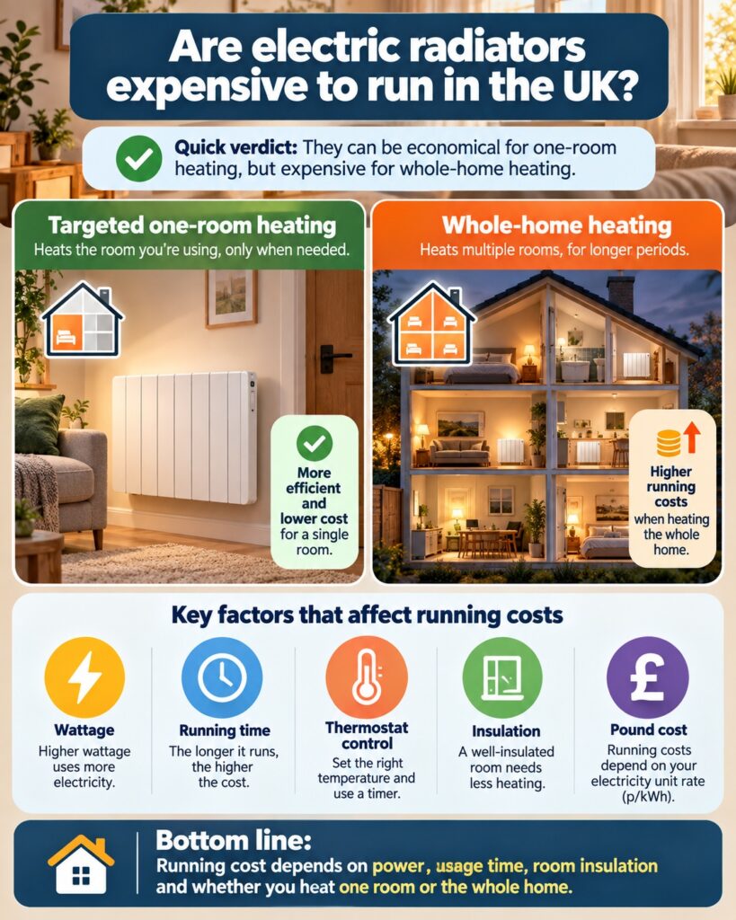 Quick verdict explaining electric radiator running costs in the UK with wattage, running time, thermostat and insulation icons