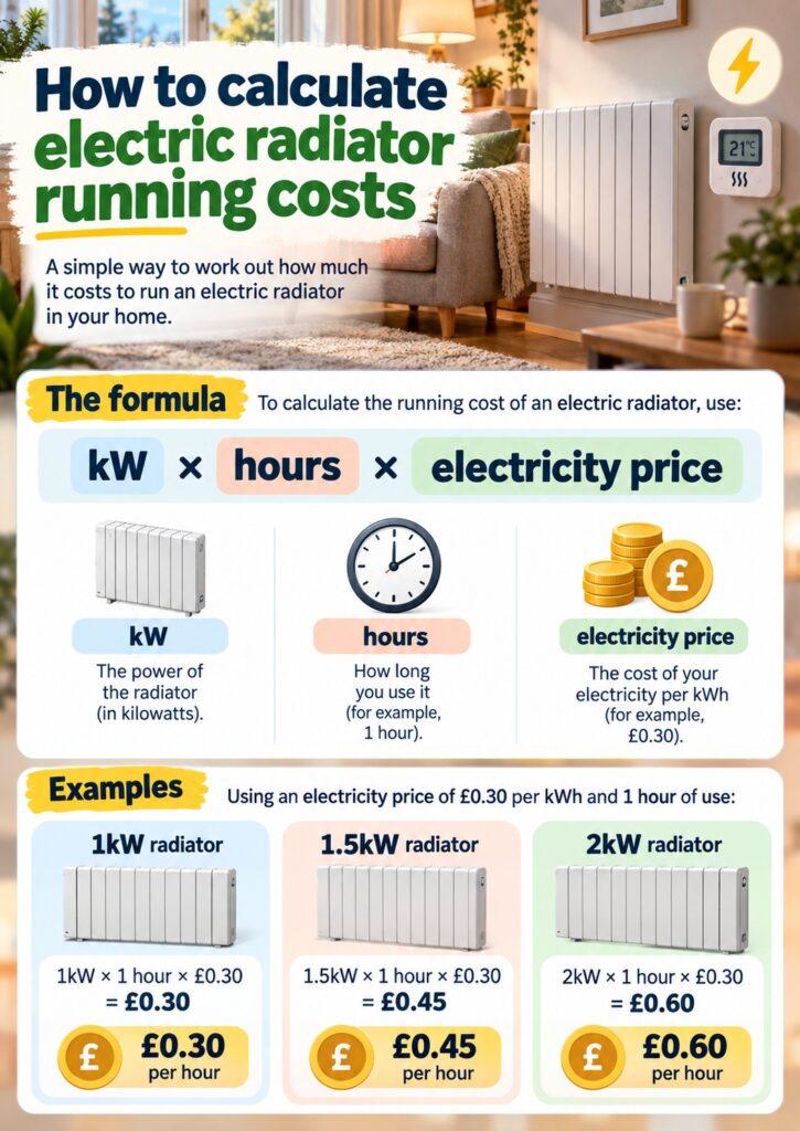 Electric radiator running cost calculation showing kW, hours, electricity price and UK home heating costs