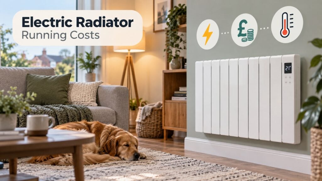 Modern electric radiator in a UK living room with energy, cost and thermostat icons showing electric radiator running costs.