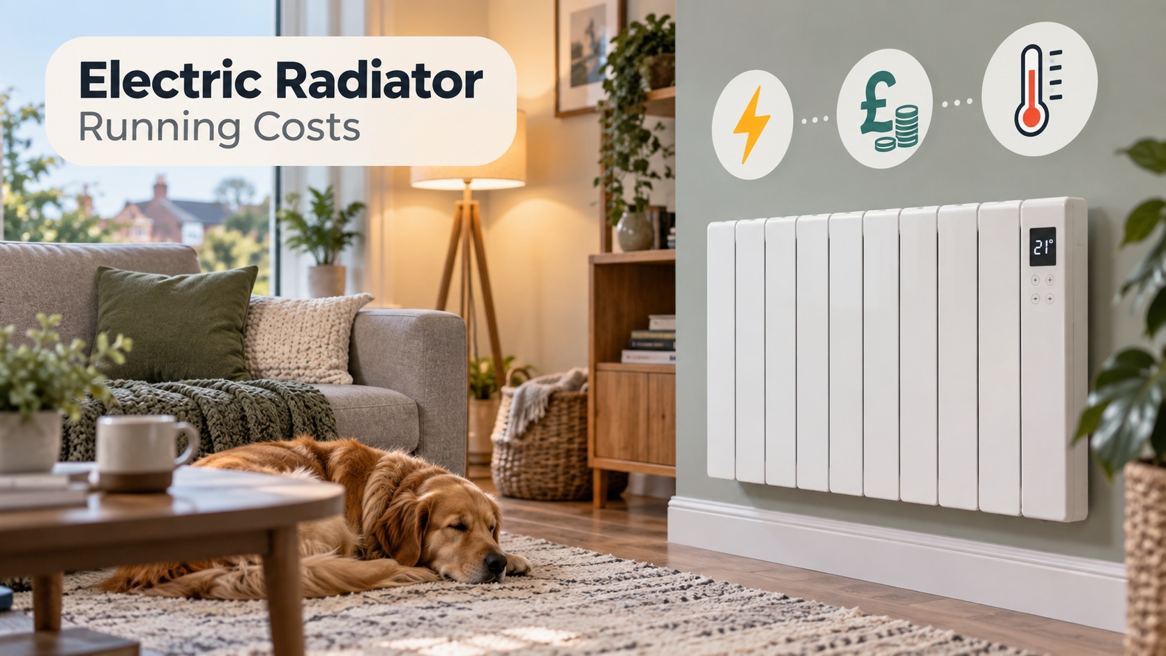 Modern electric radiator in a UK living room with energy, cost and thermostat icons showing electric radiator running costs.