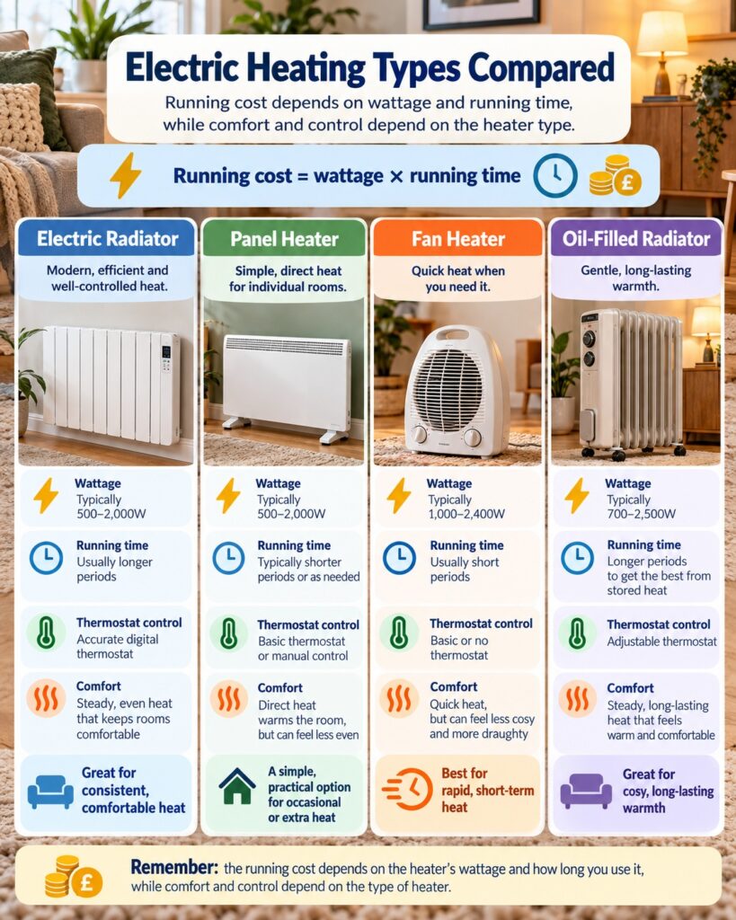 Electric radiator compared with other electric heaters showing wattage, running time, thermostat control and UK heating costs