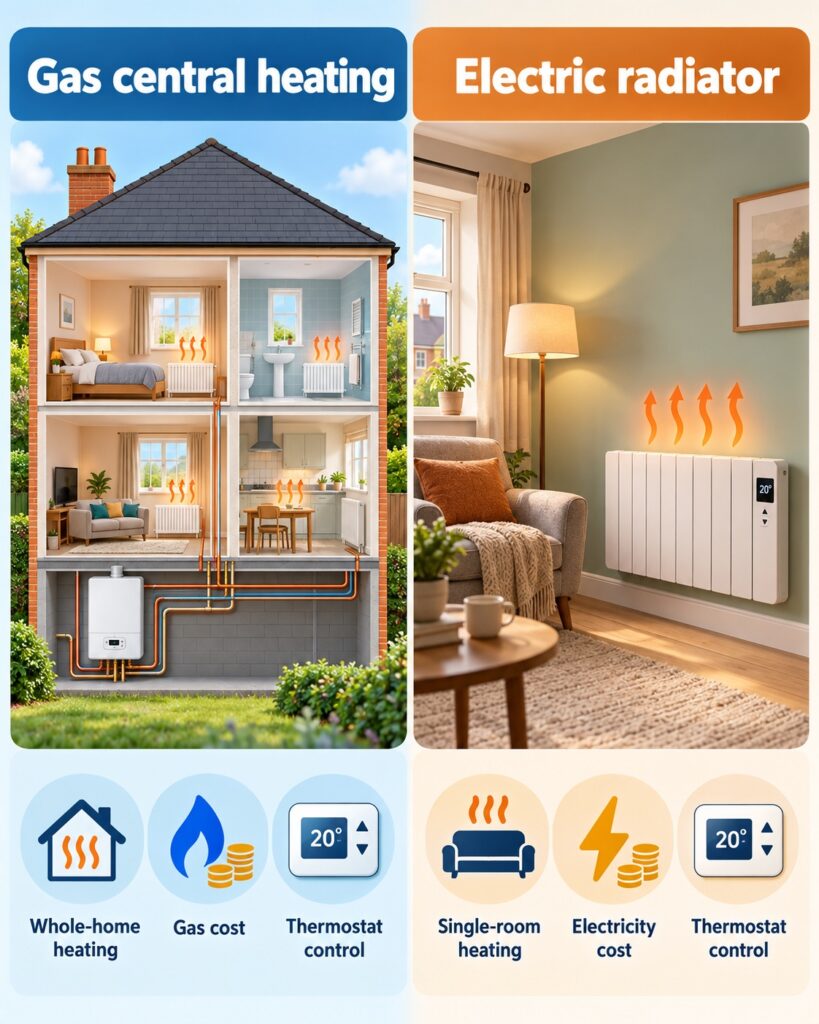 Electric radiator compared with gas central heating for UK running costs, single room heating and whole home heating