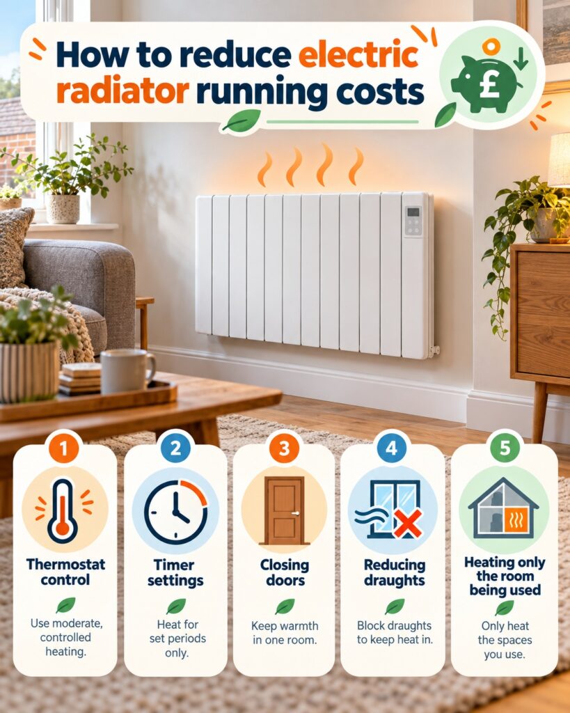 Electric radiator features including thermostat, timer, app control and energy monitoring to help reduce UK running costs