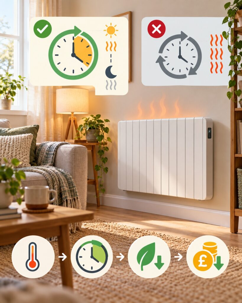 Electric radiator with timer and thermostat icons showing why planned heating is better than leaving it on all day