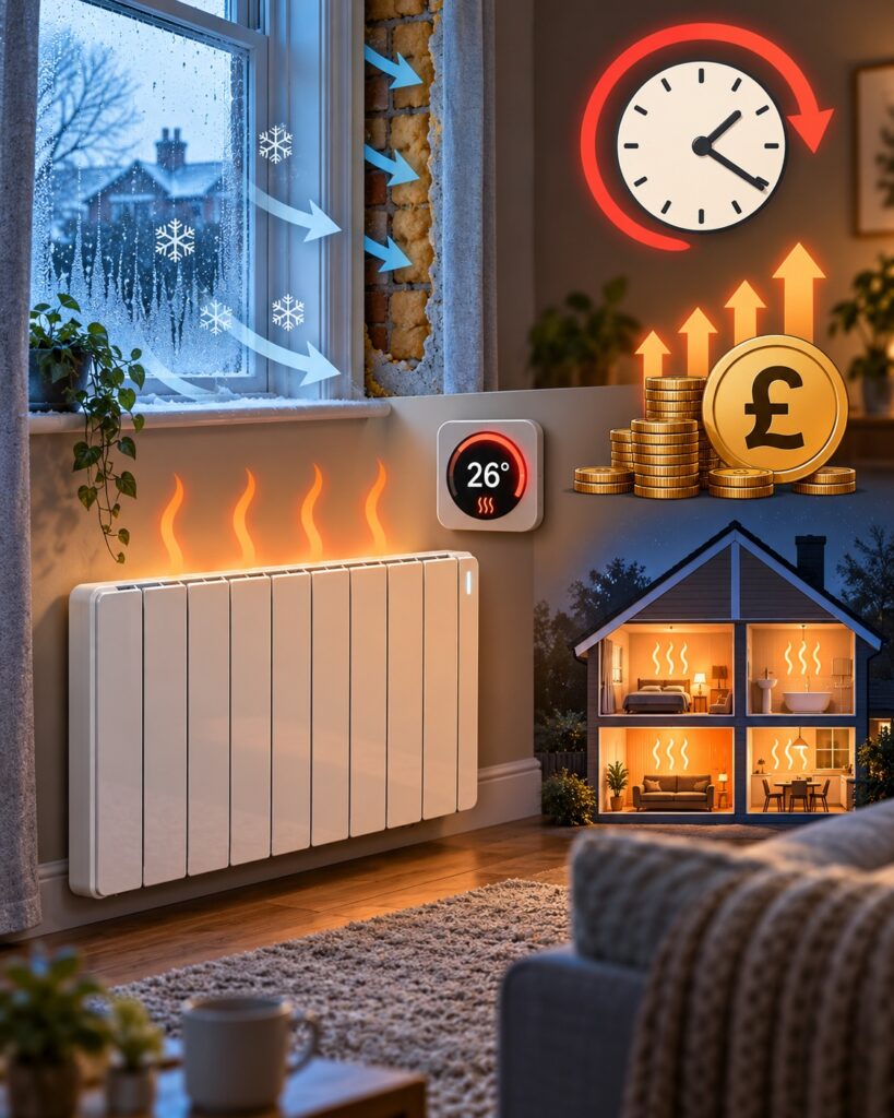 Electric radiator in a cold UK room showing high running costs from long use, poor insulation and high thermostat settings