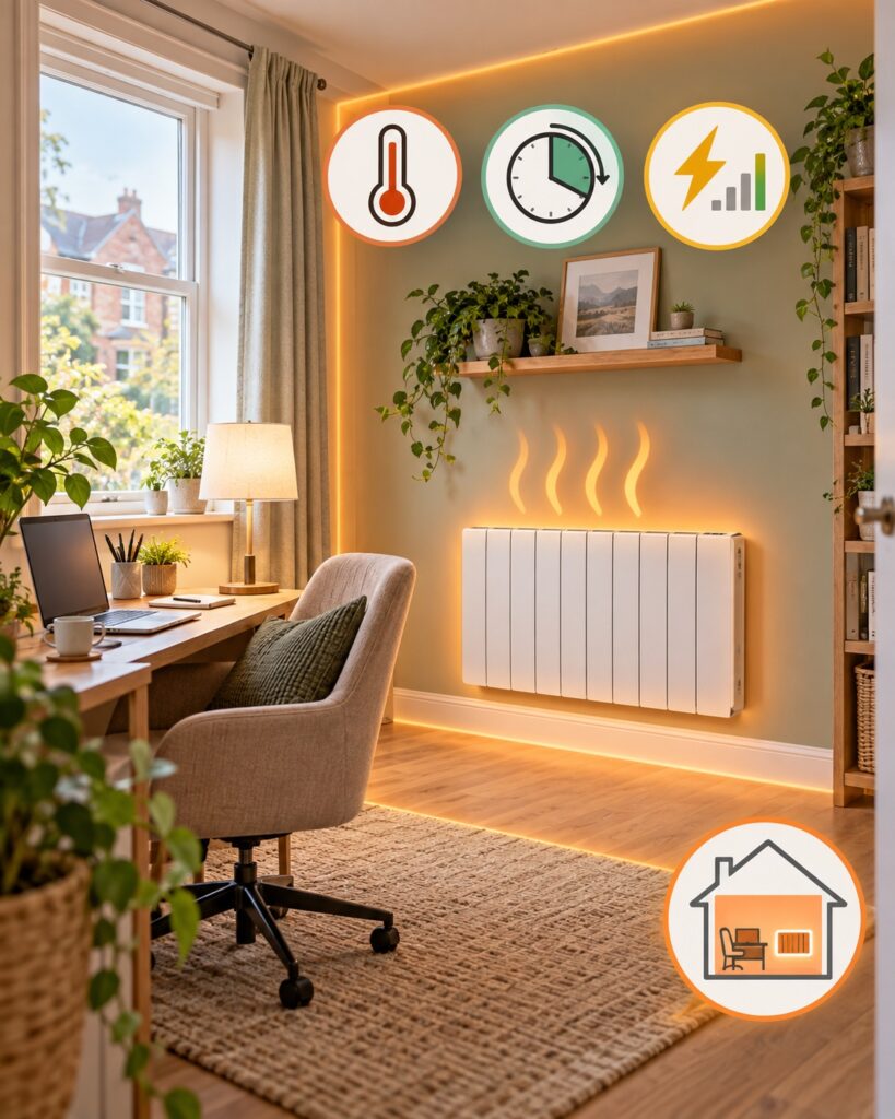 Electric radiator used for one room heating in a UK home with timer, thermostat and running cost icons
