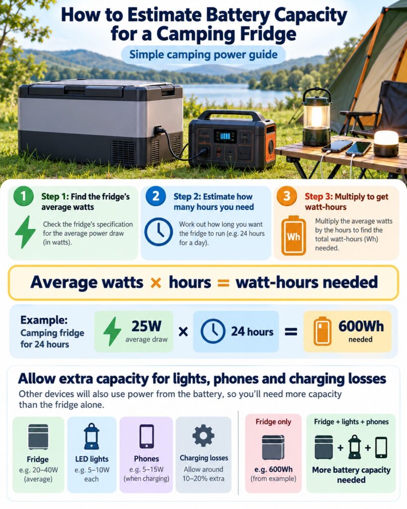 Camping fridge battery capacity calculation showing watts, hours, watt-hours and portable power station runtime
