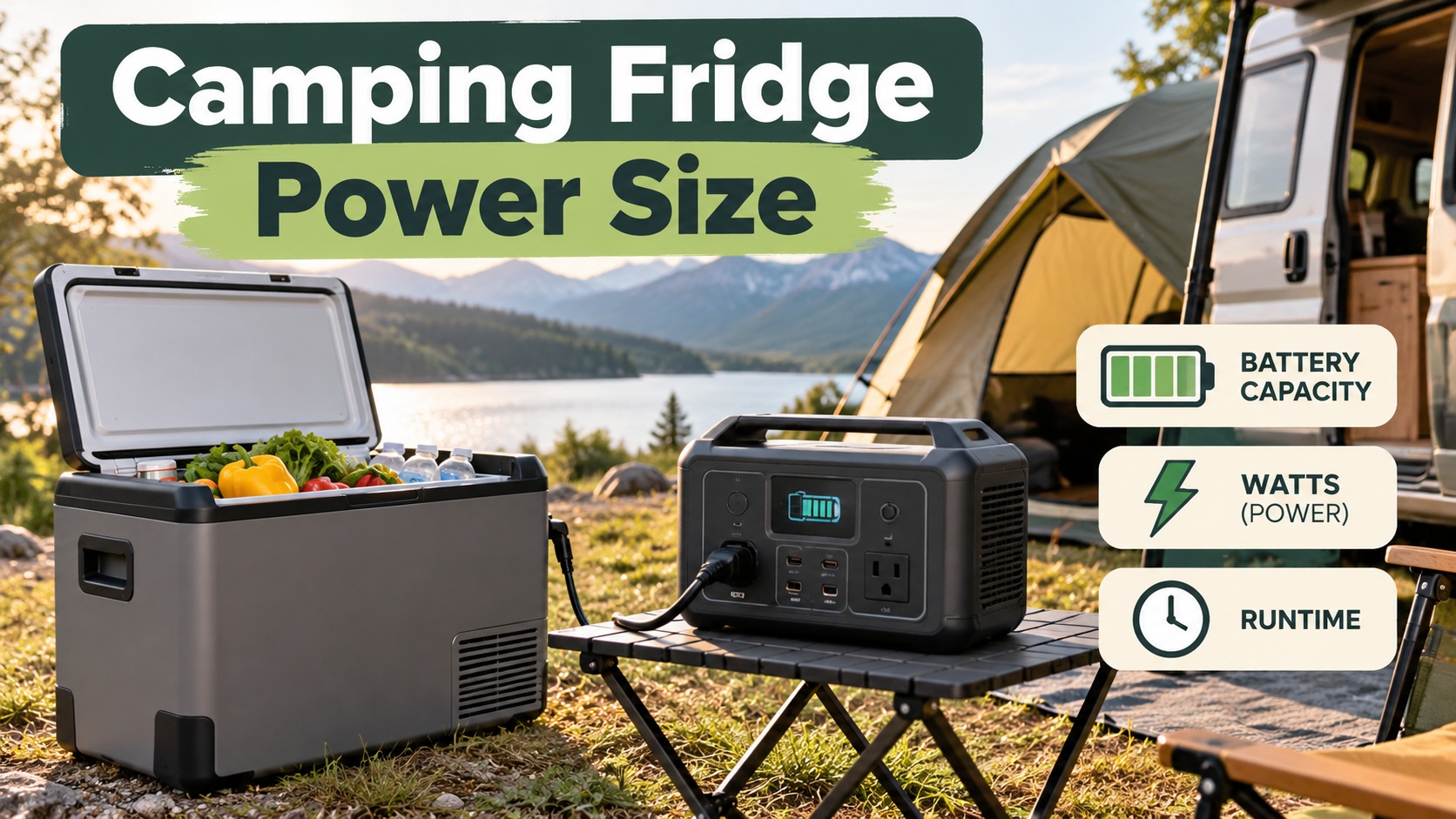 Portable power station powering a camping fridge at a campsite with battery capacity, watts and runtime icons.