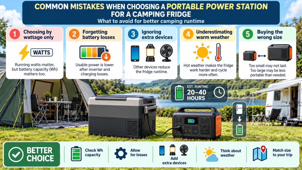 Common mistakes when choosing a portable power station for a camping fridge including wattage, battery losses, extra devices and warm weather