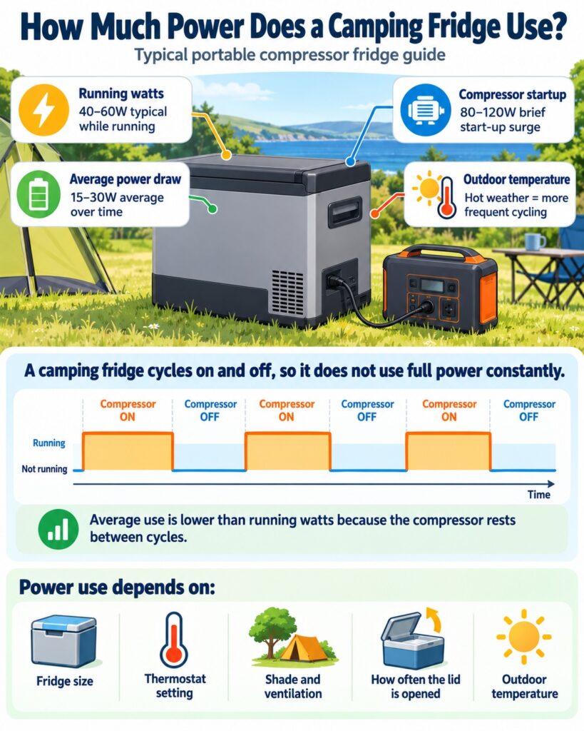 Camping fridge connected to a portable power station showing running watts, startup demand and average power use
