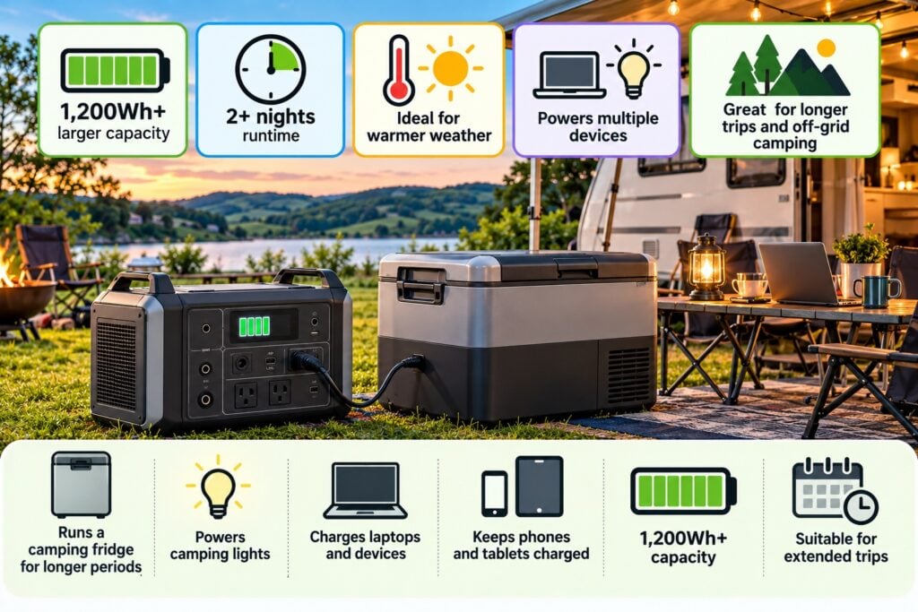 Larger portable power station powering a camping fridge for extended camping, off-grid use and multiple devices