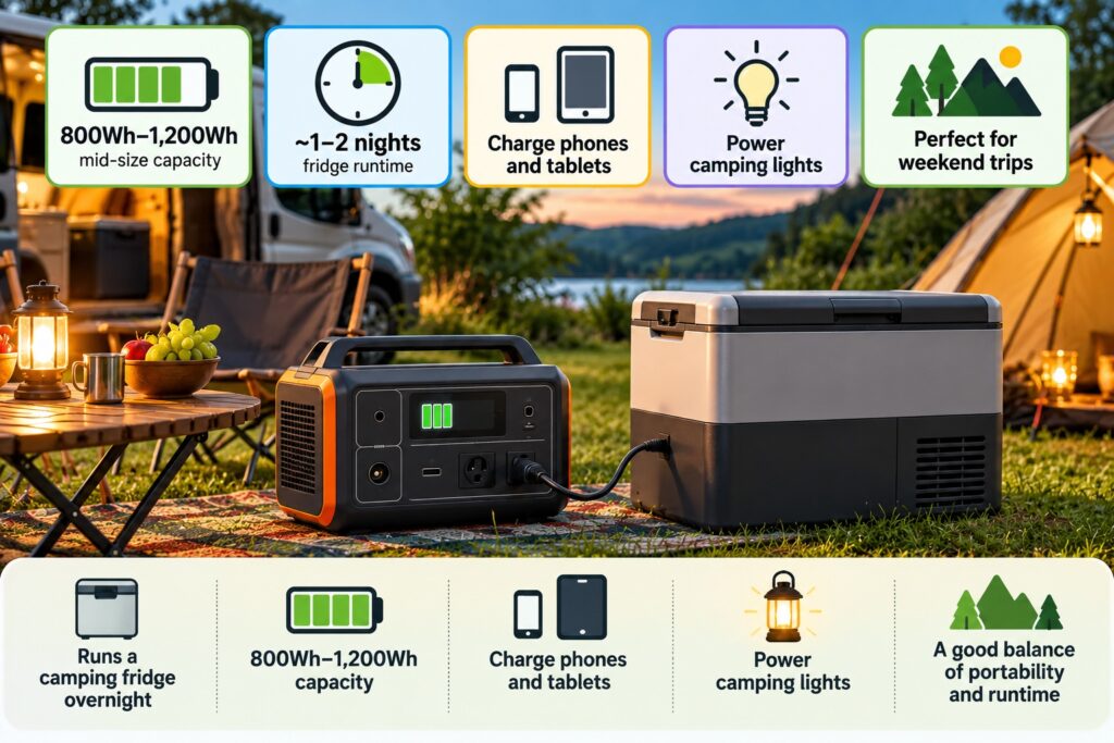 Mid-size portable power station powering a camping fridge with battery capacity, overnight runtime and camping device icons