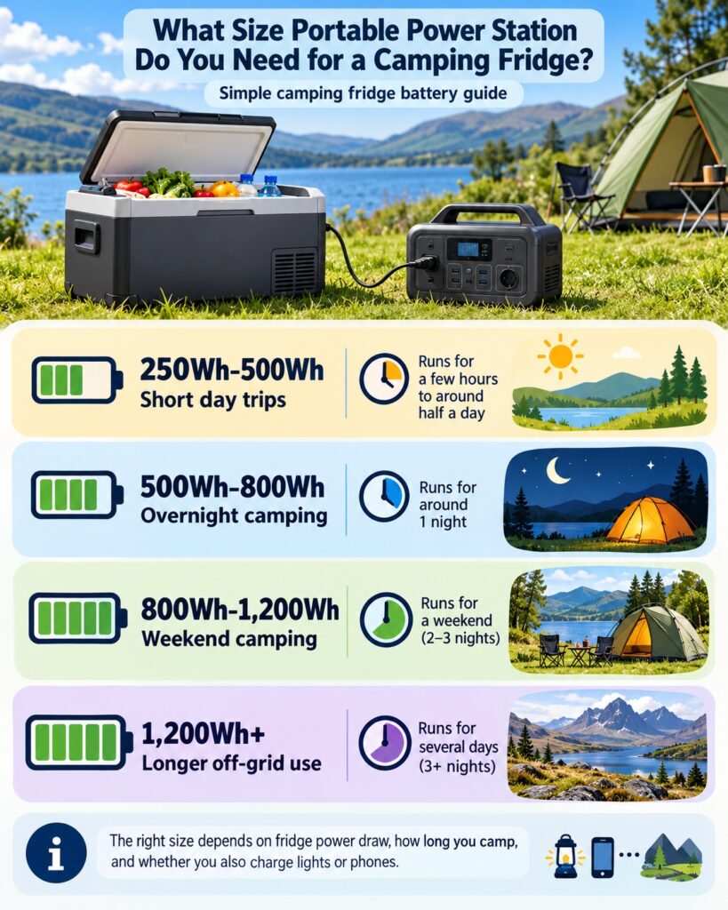 Portable power station size guide for camping fridge use showing battery capacity, runtime and UK camping scenarios